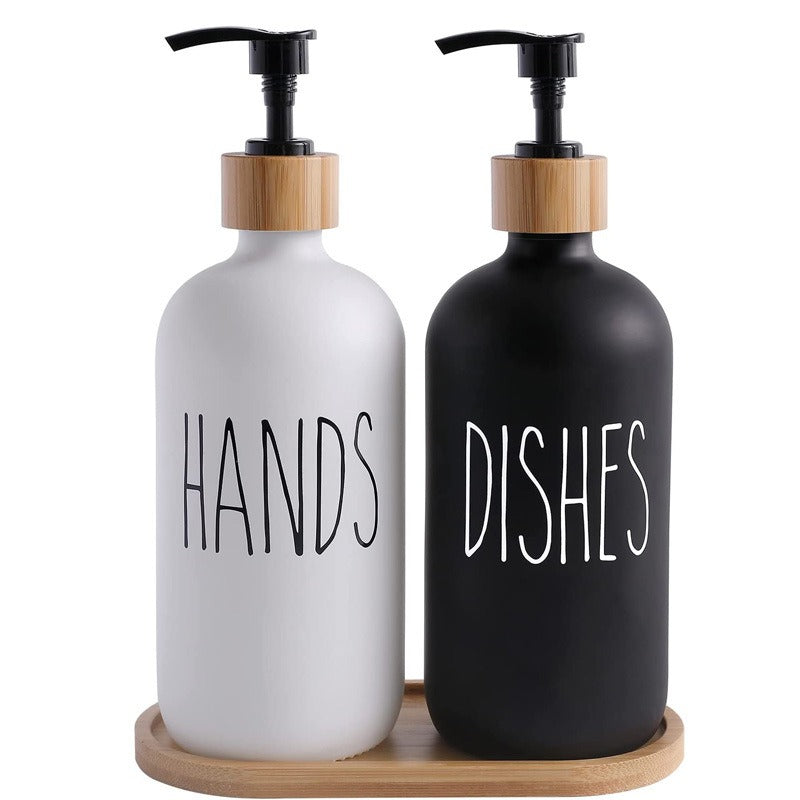 Glass 500ml Boston hand soap pump black and white split bottle wooden cap soap dispenser shampoo bottle